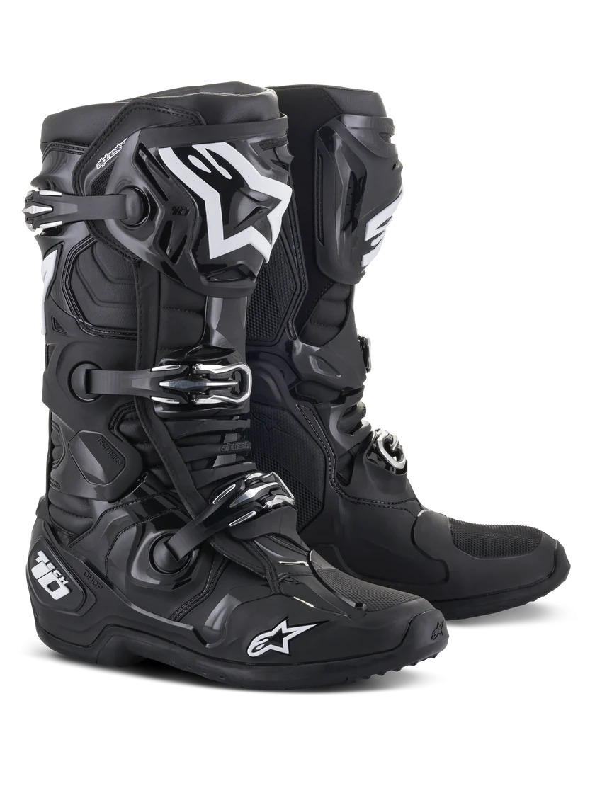 Black motorcycle boots with brand logo on a white background