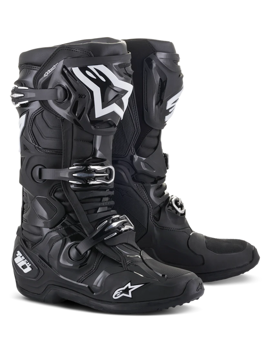 Black motorcycle boots with brand logo on a white background